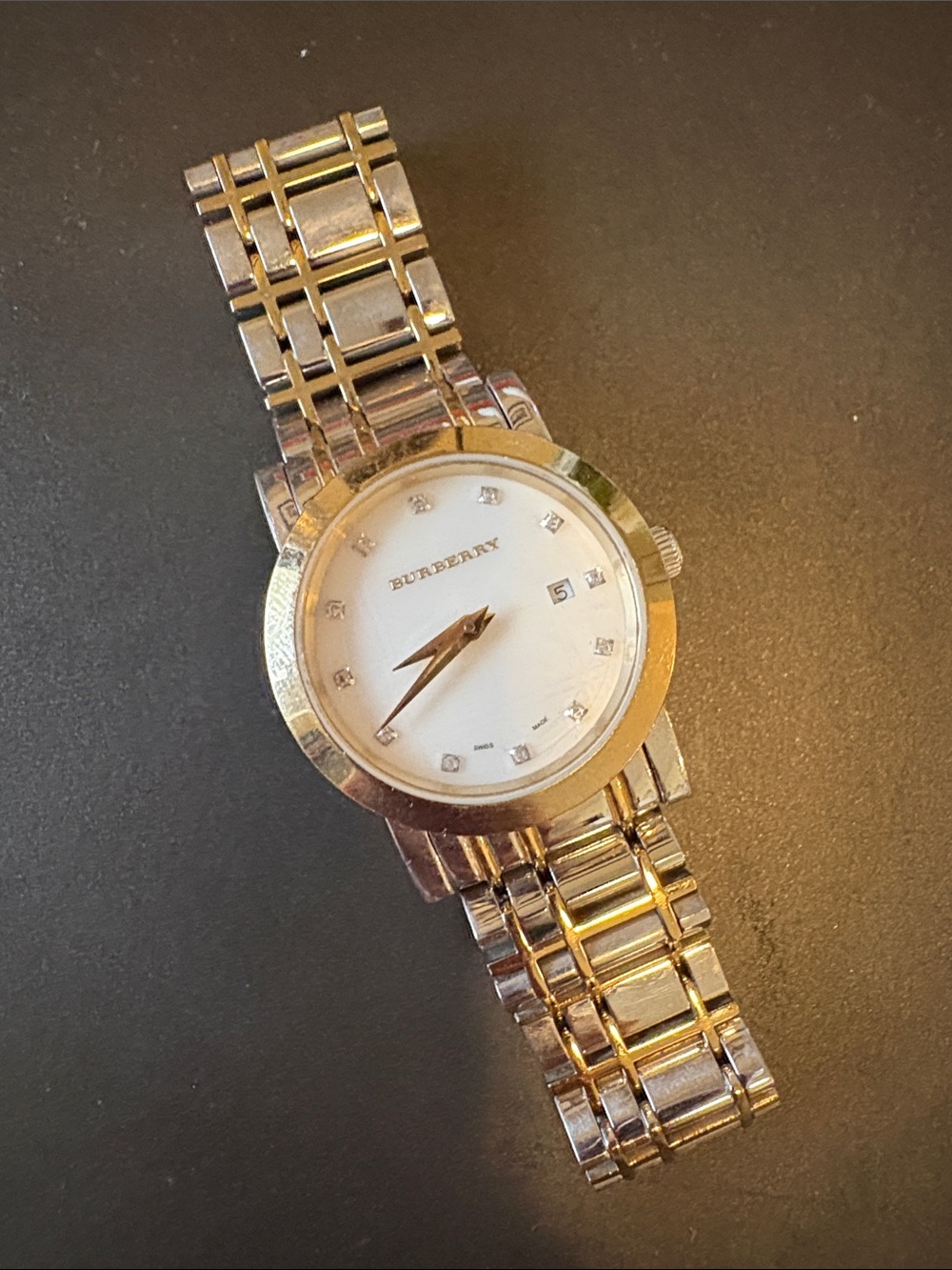 Burberry Heritage Watch—Two Tone Metal with Mother of Pearl & Diamonds
